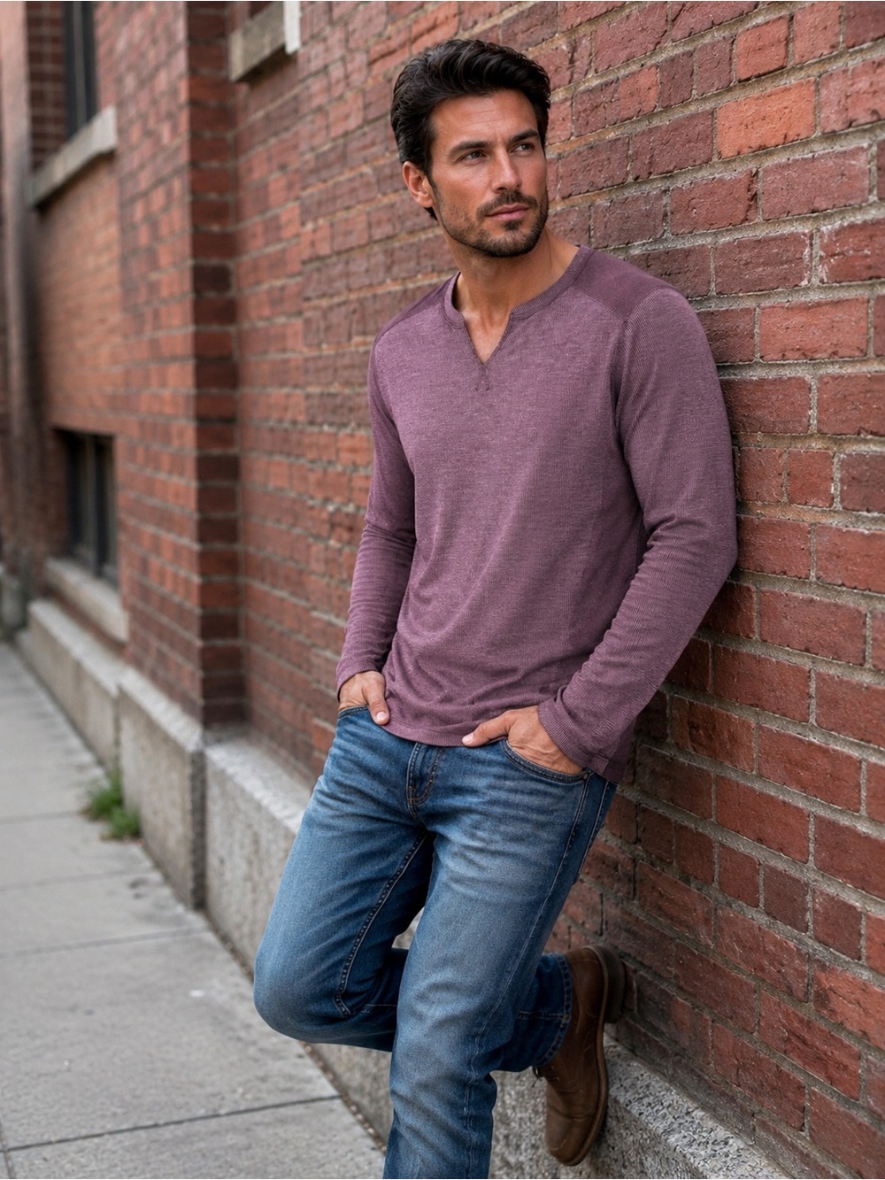 Helix Men's Long Sleeve V-Neck Thermal Shirt - Plum